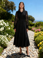 Lace Long Sleeve Elegant Dress Autumn High Sense V neck Waist Controlled Slimming Dress Women Bella Mia