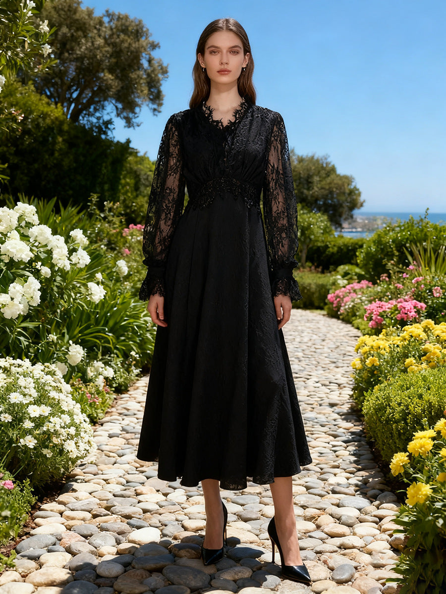 Lace Long Sleeve Elegant Dress Autumn High Sense V neck Waist Controlled Slimming Dress Women Bella Mia