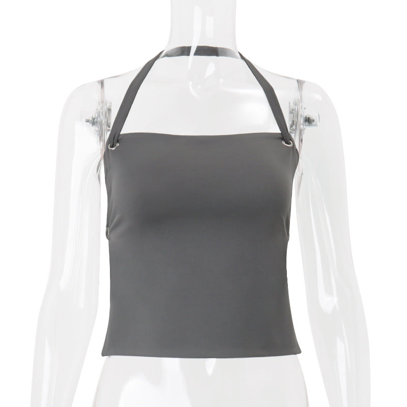 Women Clothing Summer Sexy Bare Back Slim Solid Color Short Halterneck Vest Top Bella Mia