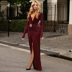 Fall Women Clothing Sexy Deep V Plunge neck Split Dress Solid Color Dress Women Bella Mia