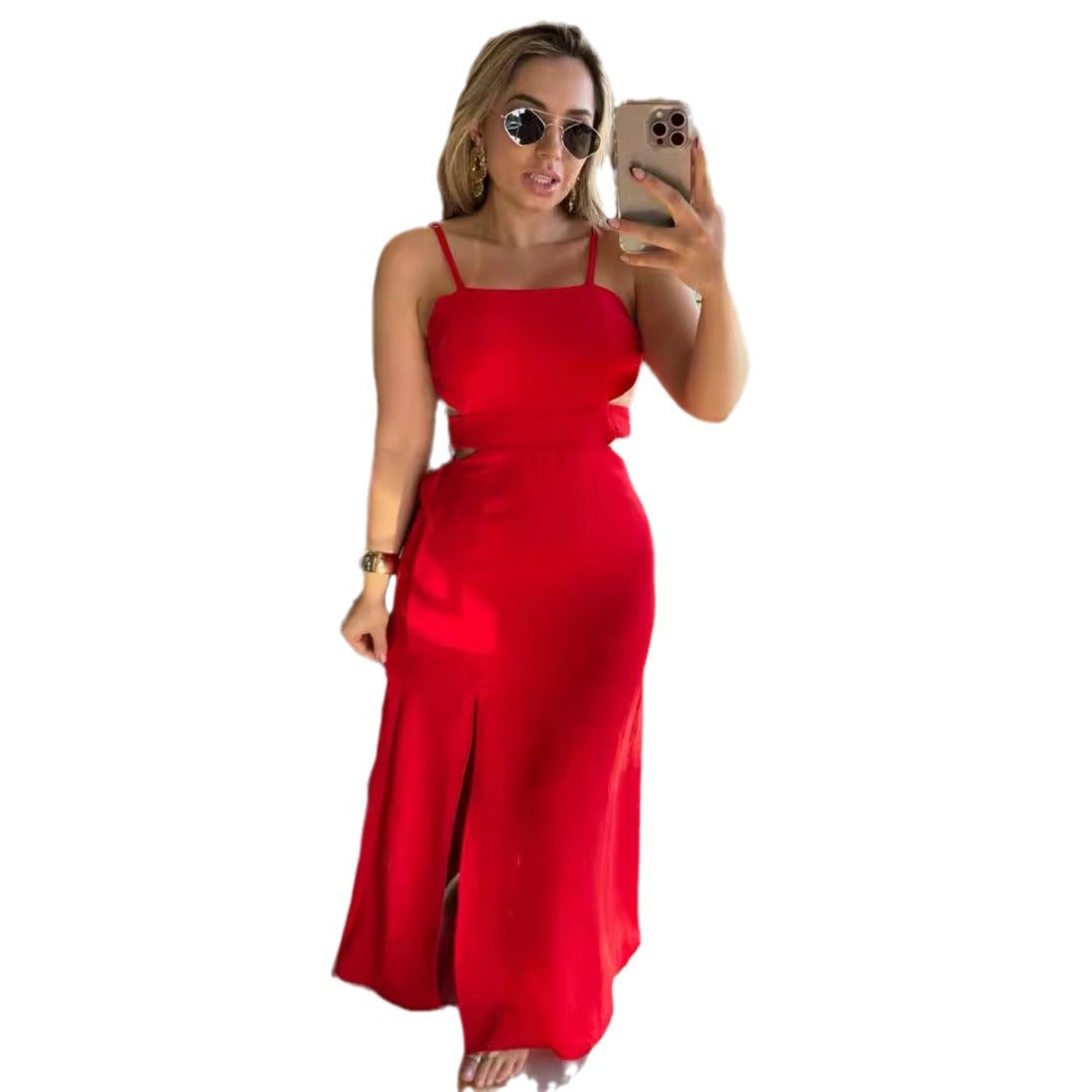 Women Solid Color Sleeveless Split Hip Strap Backless Dress Bella Mia