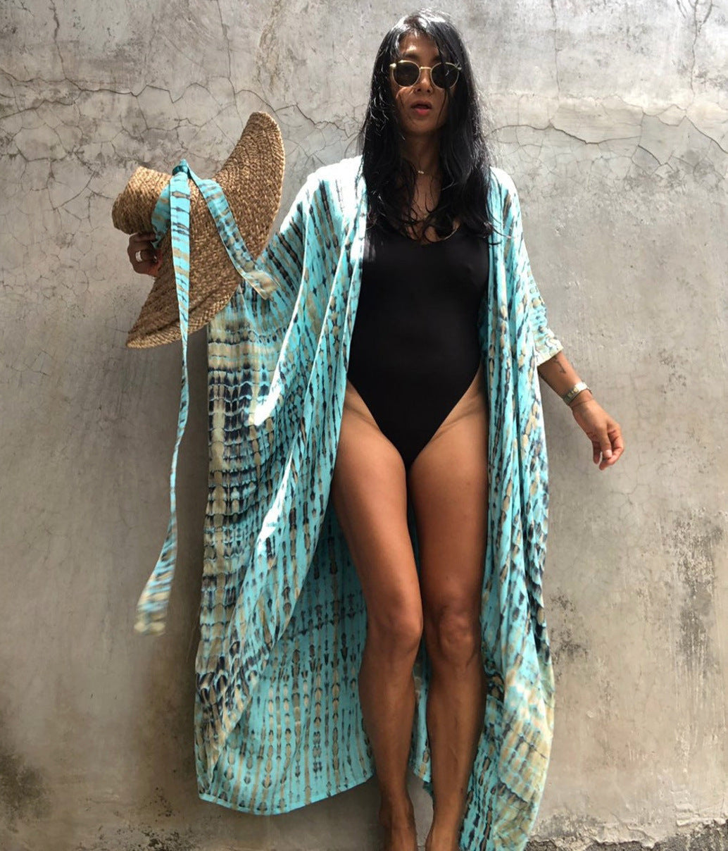 Rayon Tie-Dyed Floral Cardigan Holiday Casual Beach Bikini Cover with Straps 17 Colors Bella Mia