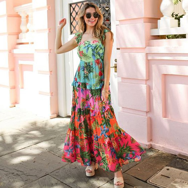 French Flying Sleeve Printed One Piece Swimsuit Women Cake Skirt Bella Mia