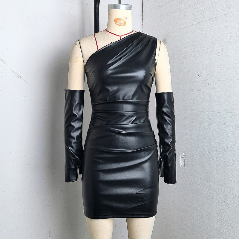 Faux Leather Dress Street Hipster Women Clothing Diagonal Collar Sleeveless Oversleeve Tight Waist Sheath Dress Bella Mia