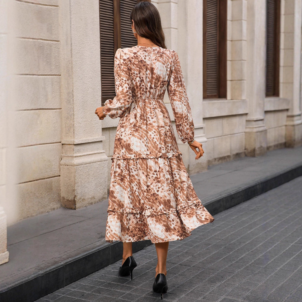 Autumn French Long Sleeve V neck Split Print Dress Bella Mia