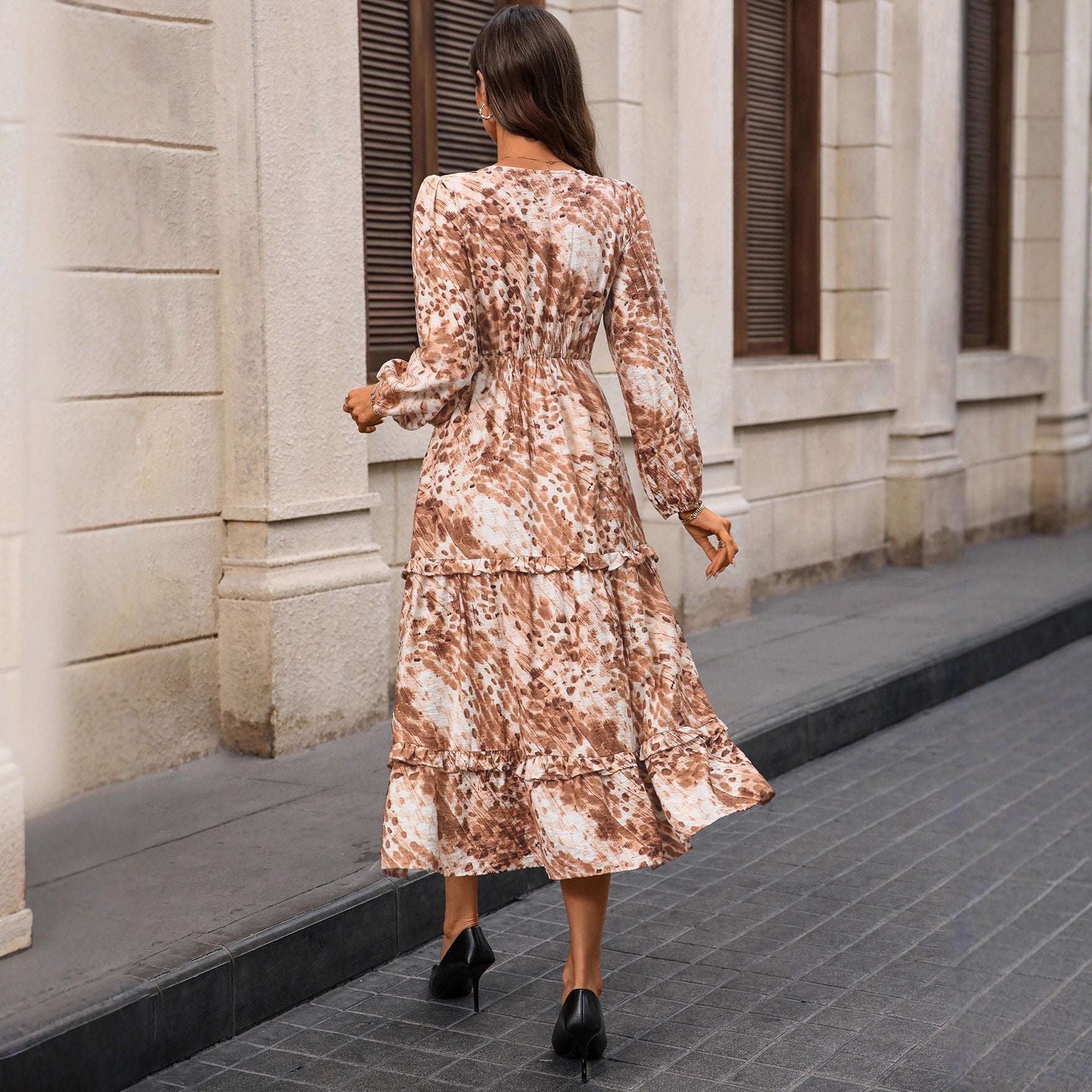 Autumn French Long Sleeve V neck Split Print Dress Bella Mia