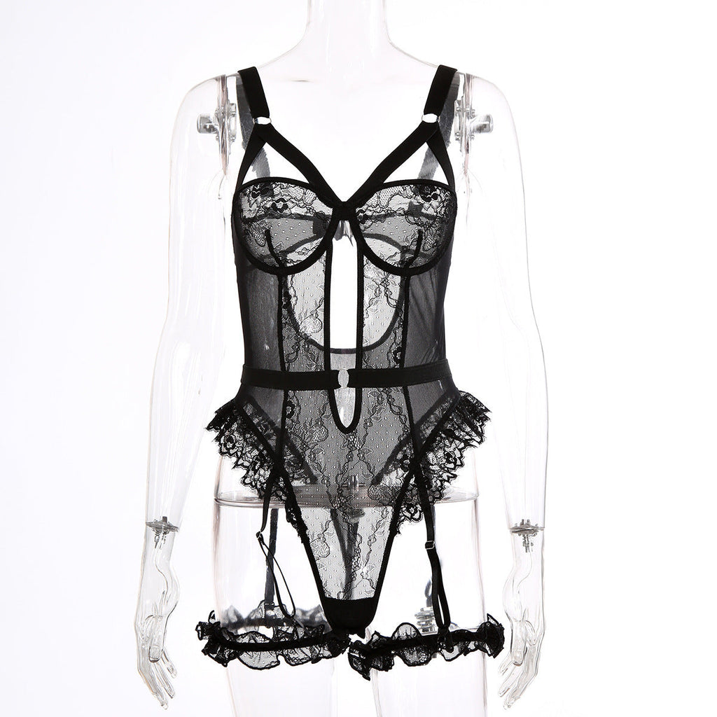 Sexy Lace Lace Cutout See through Sling One Piece Sexy Lingerie Jumpsuit with Leg Ring Bella Mia