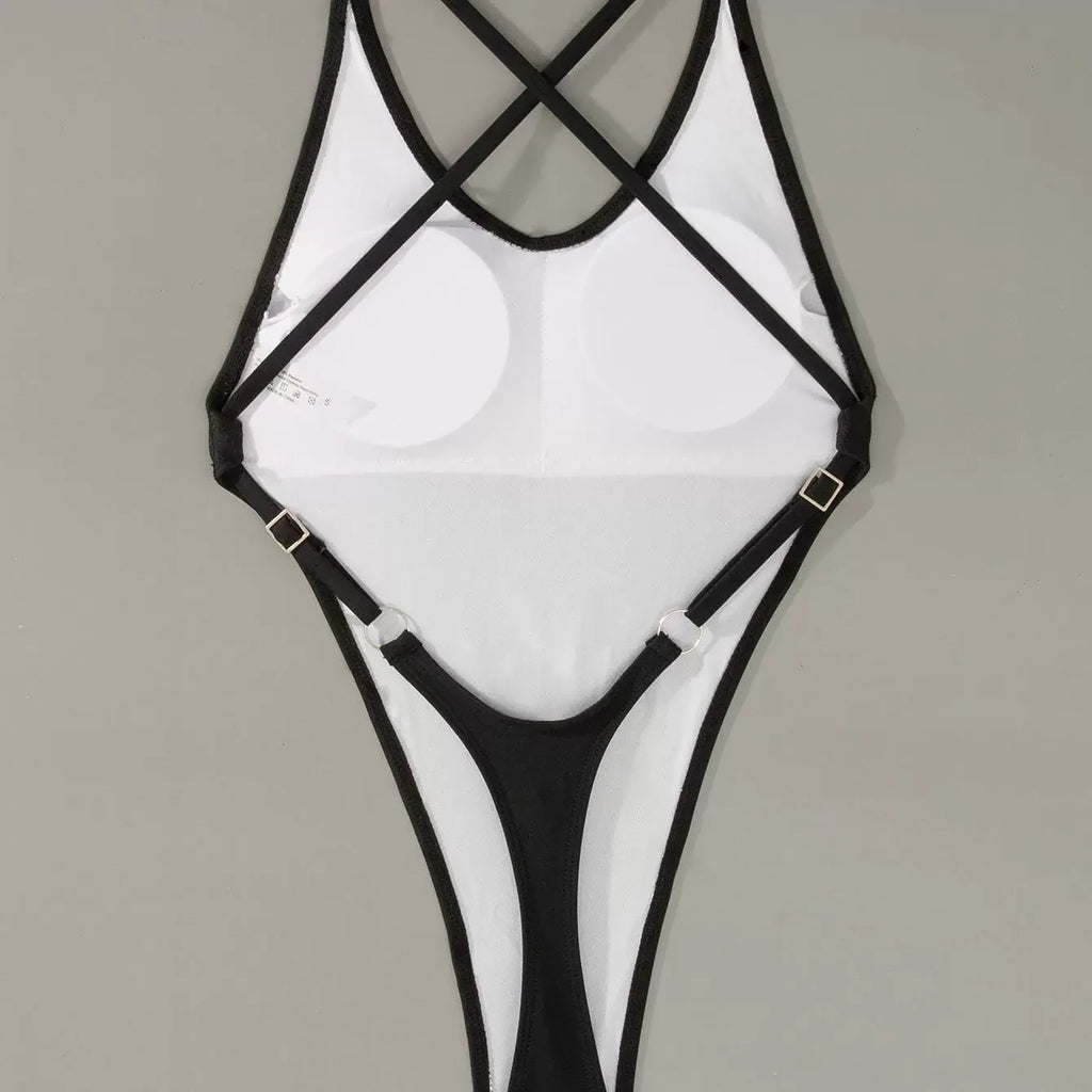 Fashion Women's Sexy Open Back Cross T-Back One-Piece Bikini Swimsuit Sexy Net Red High Harpoon Trousers Bikini