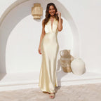 Spring Summer Women Clothing Sexy Waist Trimming Halter Backless Solid Color Sleeveless Dress Women Bella Mia
