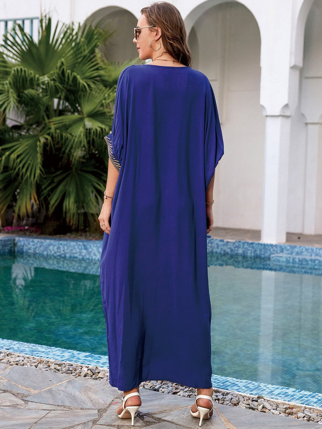 Navy Blue Rayon Embroidered Beach Cover Up Embroidered Robe Loose Sun Protection Shirt Beach Cover Up Bella Mia