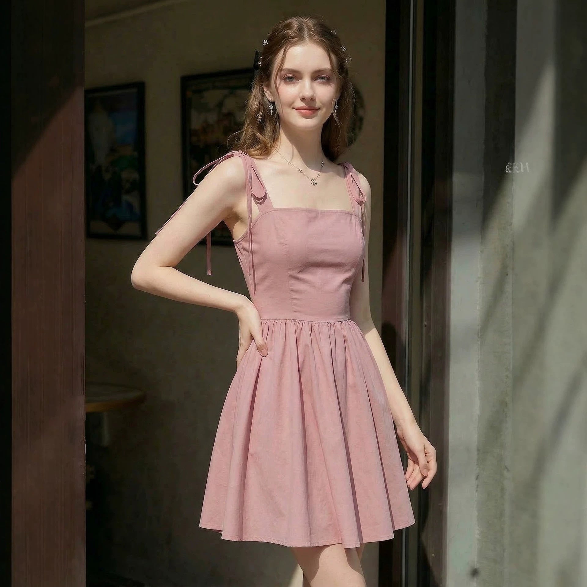 Slimming Flounce Square Collar Summer Dress French Sweet Spicy Pink Bow Bandage Sexy Sling Dress