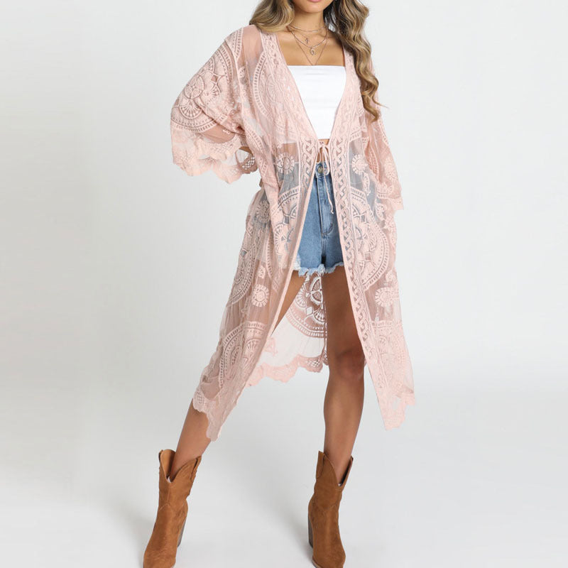 Bohemian Loose Embroidered Lace Bikini Gauzy Cardigan Beach Mid-Length Sunscreen Shirt Bella Mia