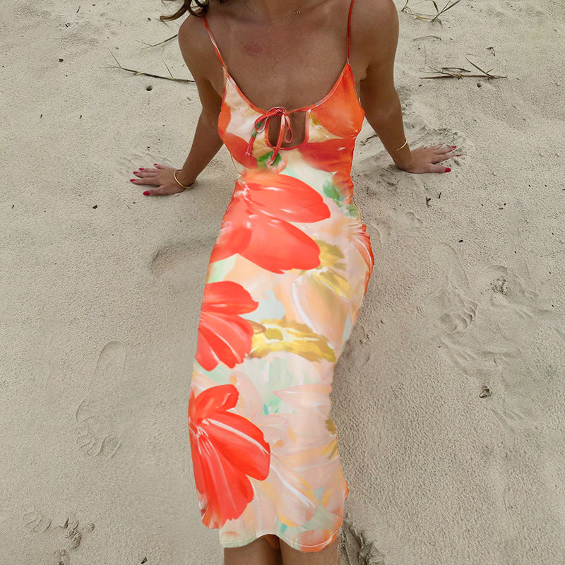 Sexy Suspenders Hollow Out Cutout Print Backless Dress Women Vacation Sexy Dress Bella Mia