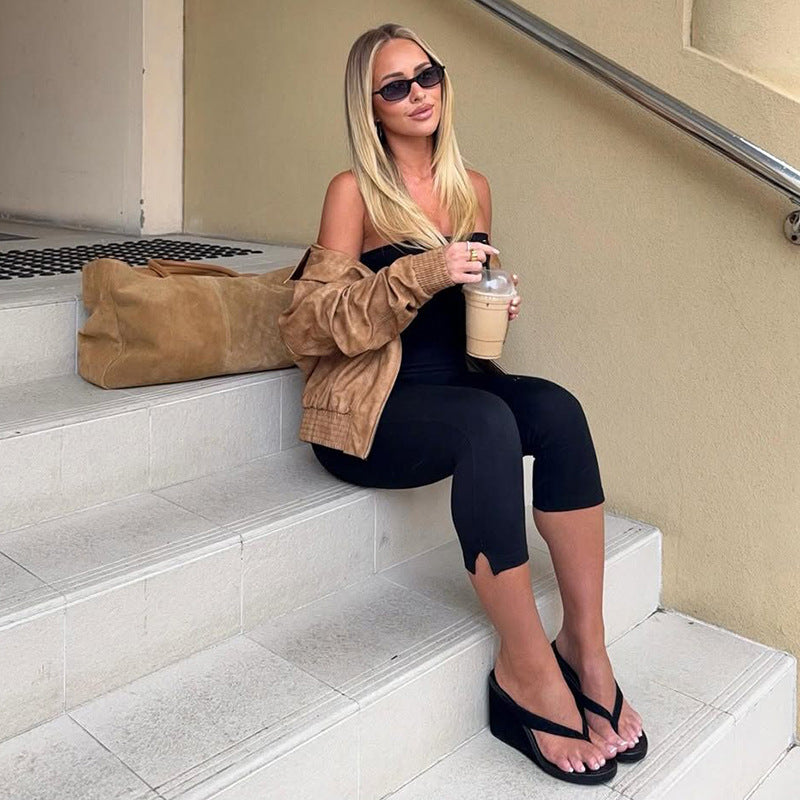 Women Clothing Summer Solid Color Sleeveless off Shoulder Plastic Slim Cropped Romper Bella Mia