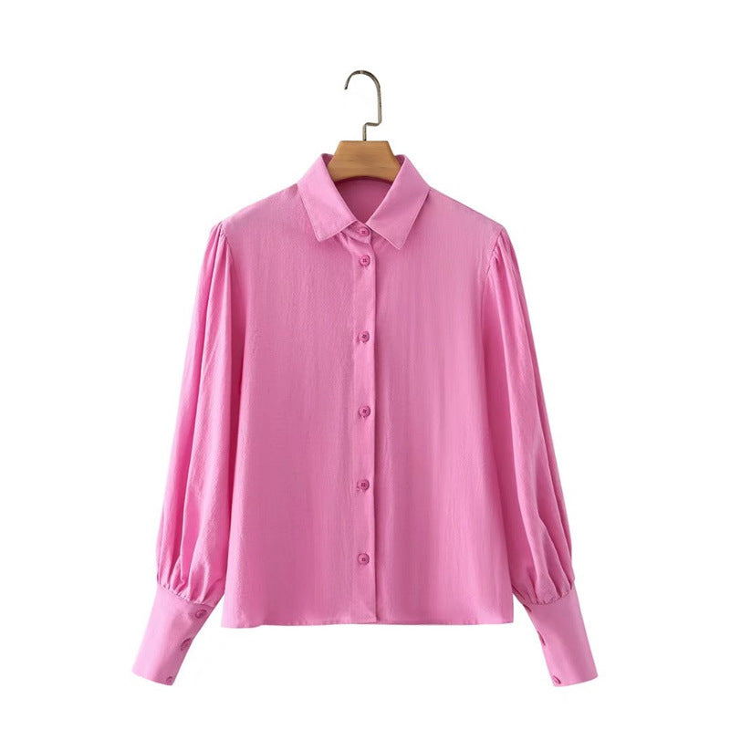For Polo Collar Solid Color Single-Breasted Lantern Sleeve Cotton Long-Sleeved Shirt For Women Bella Mia