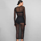 Women Clothing Autumn round Neck Long Sleeve Mesh Pleating Adjustable Long Short Blouse Dress Bella Mia