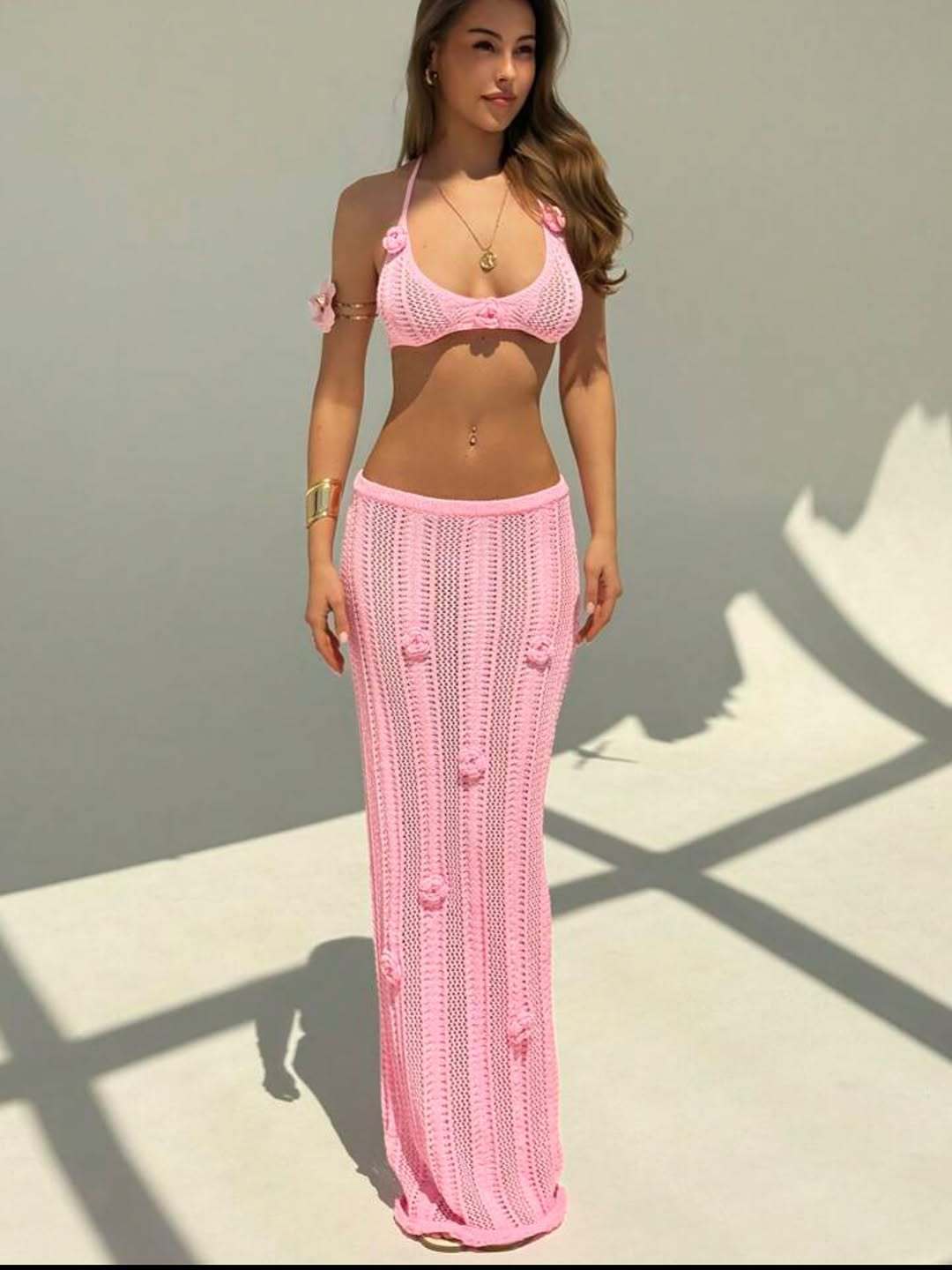 Sexy Floating Floral Cropped Outfit Bikini Strap Halter Knitted Swimsuit Dress Bella Mia