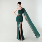 Single Shoulder Crossbody Stitching Mesh Design Satin Slim Cocktail Dress Evening Dress Bella Mia