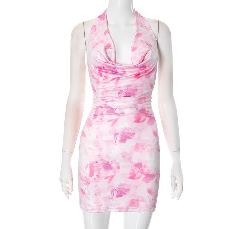 Women Clothing Tie Dyed Printed Halter Backless Sexy Sexy Hip Dresses Bella Mia