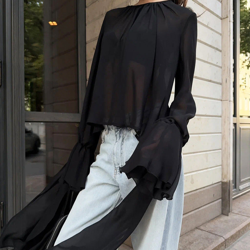 Chiffon Shirt Women Black Mesh Irregular Asymmetric Niche Design round Neck Ruffle Sleeve Long Sleeve Top Bella Mia