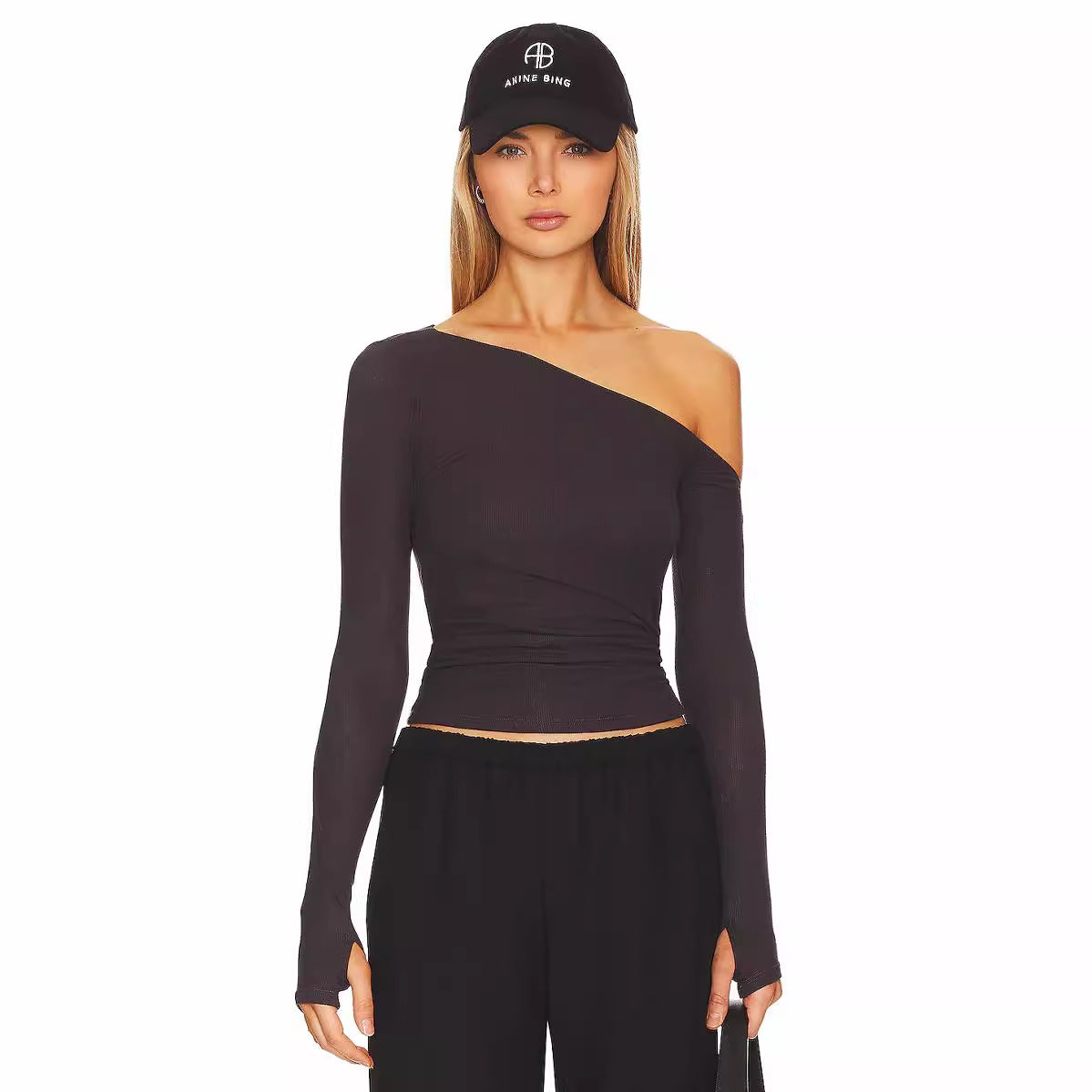 Slant Shoulder T shirt Shein Popular Slim Slimming Thumb Hole Long Sleeve Top Fall Women Clothing Bella Mia