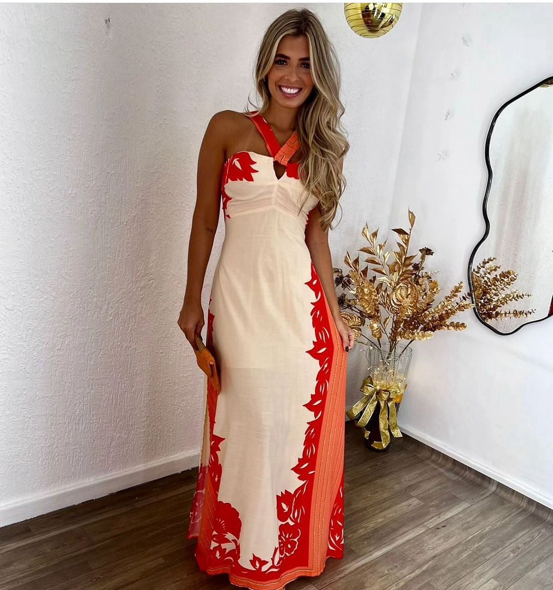 Women Clothing Summer Halter Sexy Color Block Vacation Beach Long Printed Dress