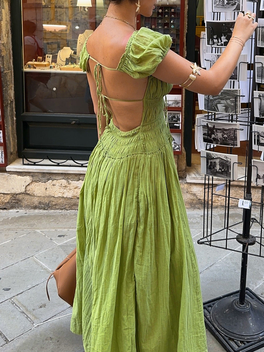 Women Summer Sexy Puff Short Sleeve Square Collar Vacation Backless Dress Women Summer Long Skirt Seaside Atmosphere Dress Bella Mia