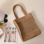 Solid Color Hollow Out Cutout Shoulder Straw Bag Korean Woven Tote Fishing Net Bag Seaside Vacation Beach Bag Bella Mia