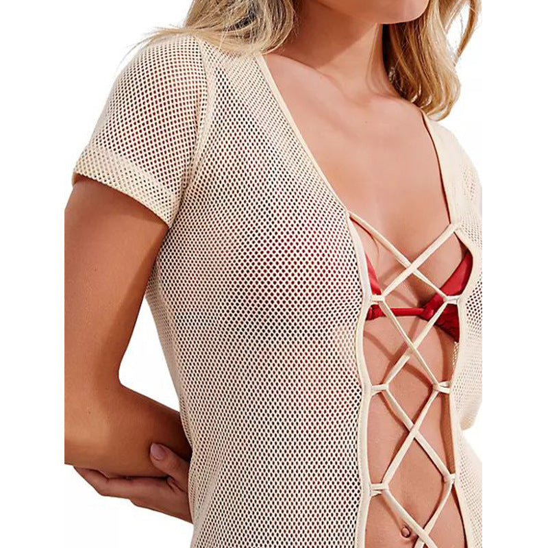 Summer Beach Dress Women Solid Color Sexy Hollow Out Cutout Beach Bikini Swimsuit Cover up Sun Protection Clothing Bella Mia
