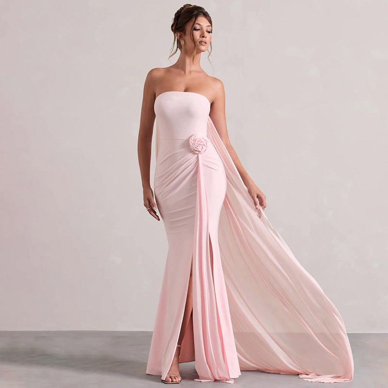 Women Clothing Summer Elegant Solid Color Tube Top Hip Wrapped Trailing Dress Women Bella Mia