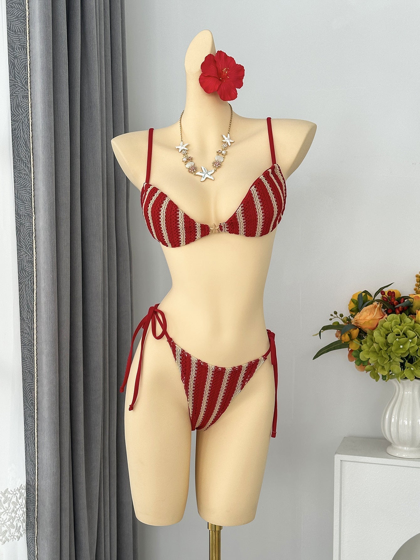 Sexy Striped Halter Lace up Beach Vacation Tube Top Bikini Split Swimsuit Bikin Bella Mia