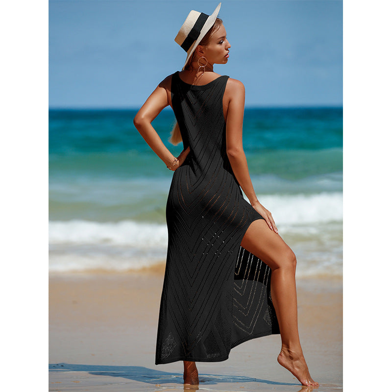 Travel Vacation Sexy Backless V neck Solid Color Breathable Knitted Maxi Dress Beach Sun Protection Blouse Crochet hook Bella Mia