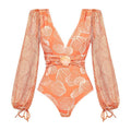 V neck Shell Decorative Mesh Long Sleeve One Piece Swimsuit Women Bella Mia