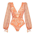 V neck Shell Decorative Mesh Long Sleeve One Piece Swimsuit Women Bella Mia