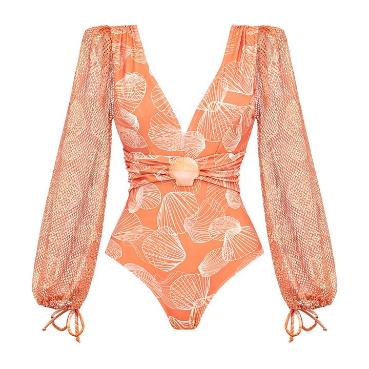 V neck Shell Decorative Mesh Long Sleeve One Piece Swimsuit Women Bella Mia