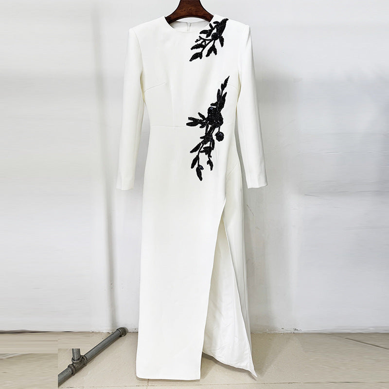 Dress Embroidered Beads Beaded Floral Long Sleeve Split Maxi Dress Bella Mia