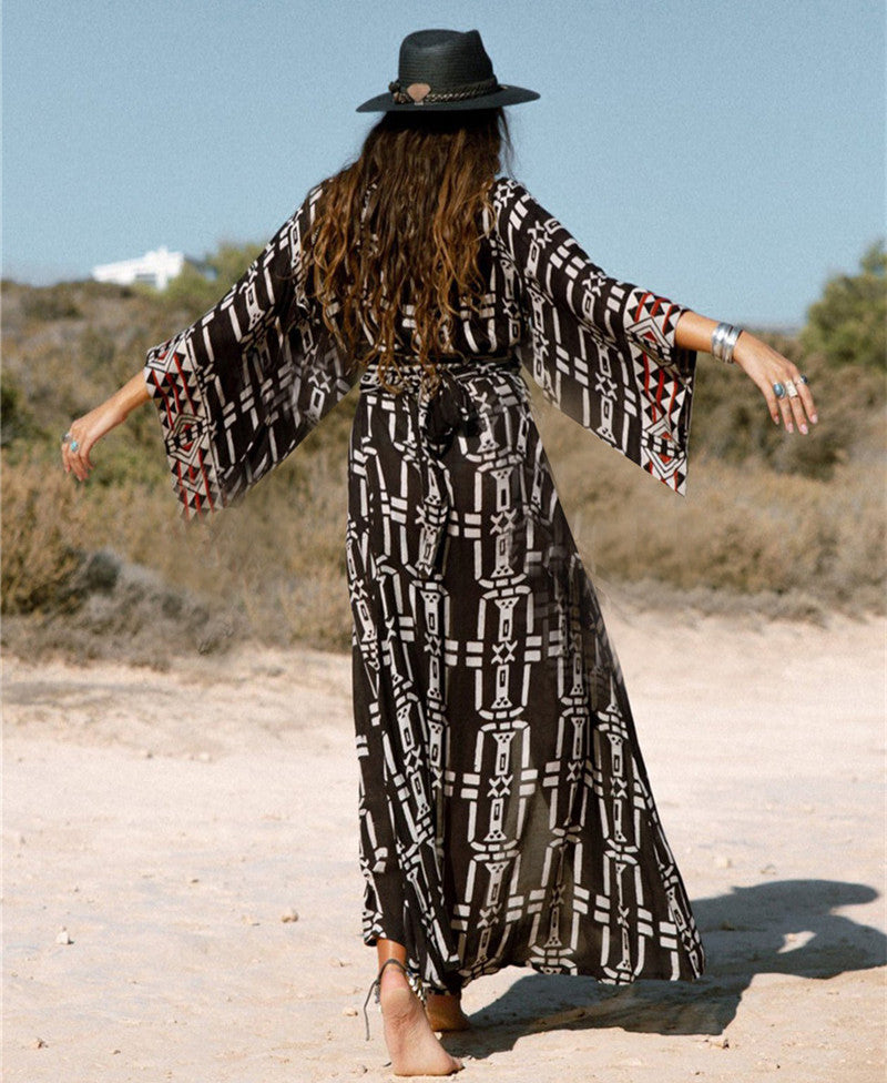 Rayon Positioning Printing Beach Cover-up Sexy Cardigan Loose Vacation Sun Protection Shirt Dress Bella Mia