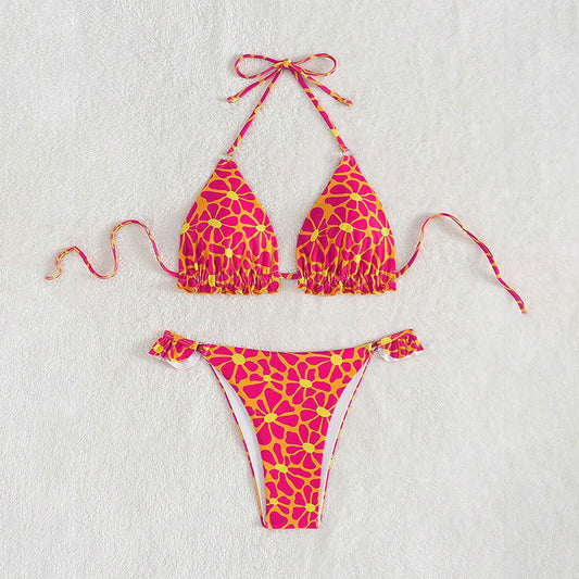 Printed Sexy Bikini Swimsuit Women Lace up Beach Spring Swimsuit Bikini