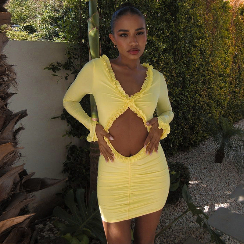 Women Clothing Autumn Solid Color Hollow Out Cutout Out Cropped Lace Sheath Dress Women Bella Mia