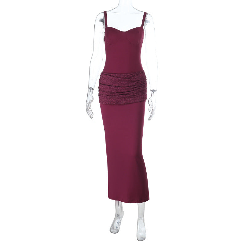 Autumn Winter Solid Color Lace Deep V Plunge Sexy Backless Stitching Strap Dress Bella Mia