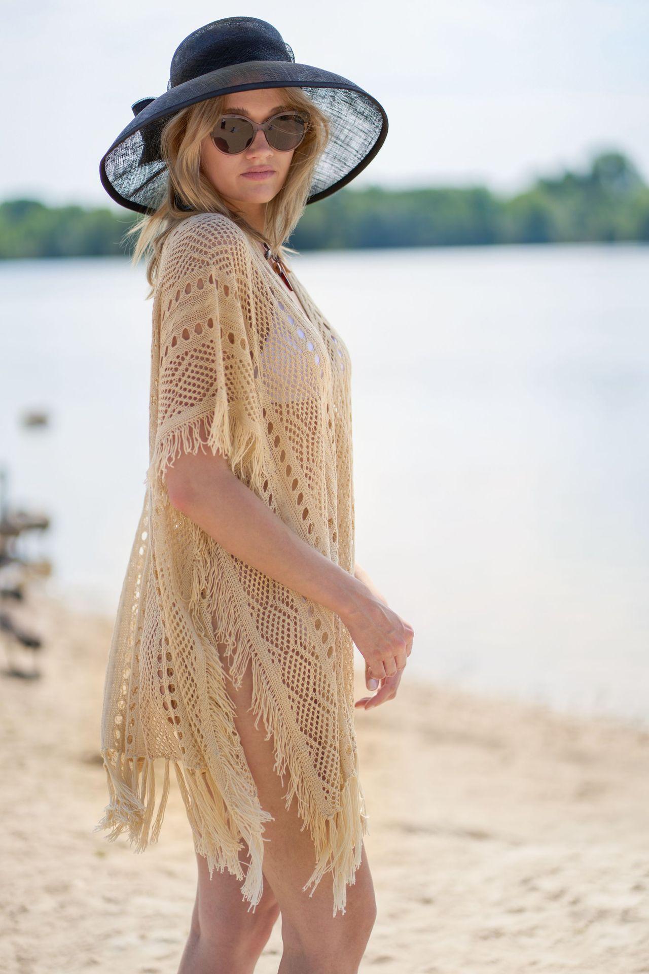 Apricot Color Knitted Beach Cover-up Sexy Tassel Hollow Out Cutout Holiday Sun Protection Shirt Bikini Cover Bella Mia
