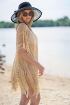 Apricot Color Knitted Beach Cover-up Sexy Tassel Hollow Out Cutout Holiday Sun Protection Shirt Bikini Cover Bella Mia