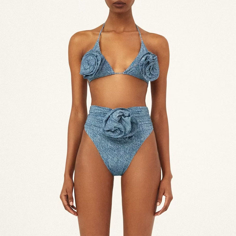 Popular Floral Decoration One Shoulder Hollow Out Cutout Soft Denim One Piece Swimsuit Women Bella Mia