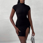 Sexy Half Turtleneck Design Lace up Bare Back Side Slit Hip Dress Bella Mia