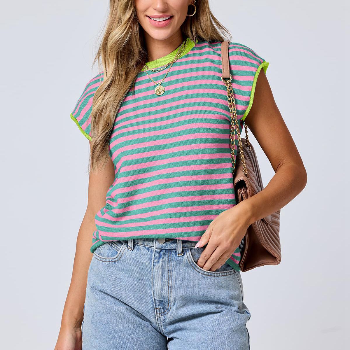 Women Clothing Summer round Neck Knitted Top Casual Striped Contrast Color Sweater Bella Mia
