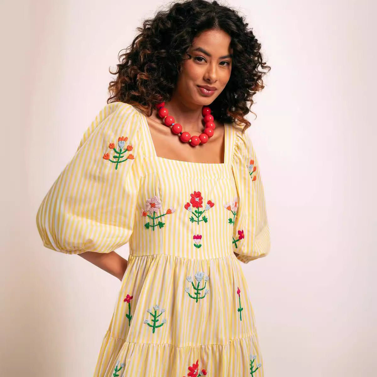 Autumn Puff Sleeve Embroidered Square Collar Swing Maxi Dress Beach Holiday Dress Women