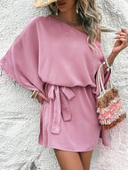 Women Clothing Satin off Shoulder Satin Dress Asymmetric High Waist Dress Bella Mia