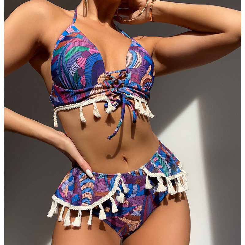 Printed Brazilian Ethnic Halter Lace up Tassel Bikini Women Swimsuit Bella Mia