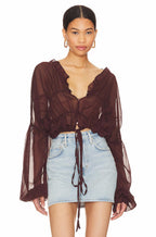 Fall Casual Women Wear Beach Cover Up Holiday Chiffon Bell Sleeve Top Bella Mia