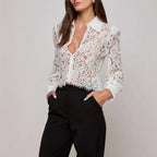 Women Clothing Sexy Lace Polo Collar Top Long Sleeve Tassel Edge Short Transparent Shirt Bella Mia